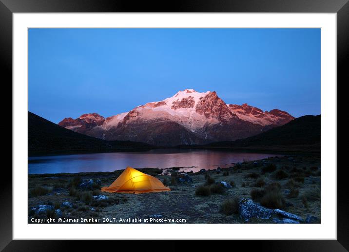 Dawn Camp by Lake and Mt Huayna Potosi Bolivia Framed Mounted Print by James Brunker