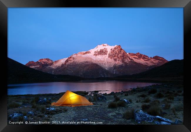 Dawn Camp by Lake and Mt Huayna Potosi Bolivia Framed Print by James Brunker