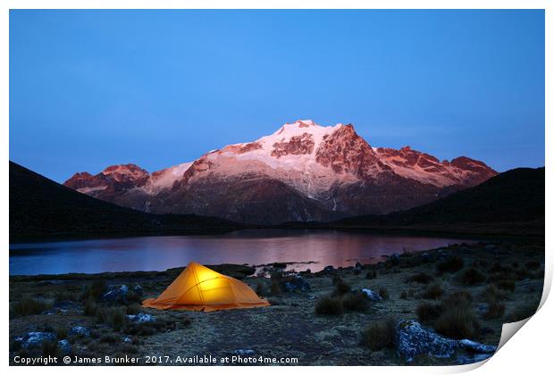 Dawn Camp by Lake and Mt Huayna Potosi Bolivia Print by James Brunker