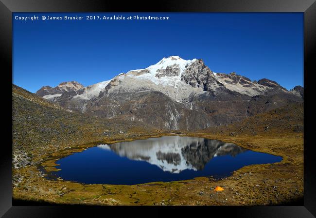 Mt Huayna Potosi Reflections and Lake Bolivia Framed Print by James Brunker