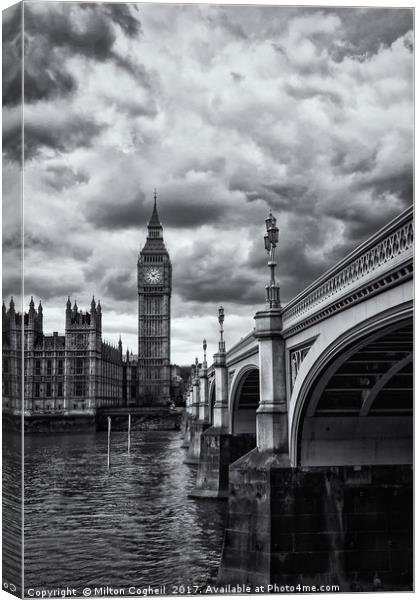 Big Ben and Westminster Bridge, London - B&W Canvas Print by Milton Cogheil