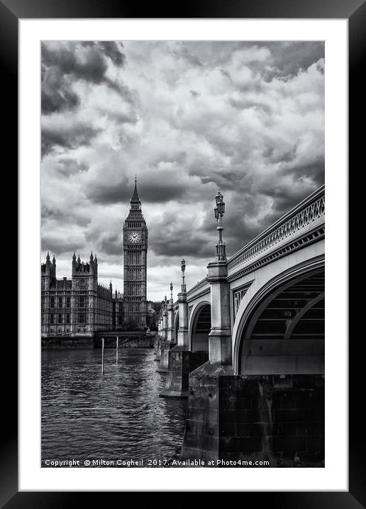 Big Ben and Westminster Bridge, London - B&W Framed Mounted Print by Milton Cogheil