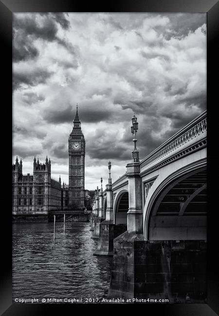 Big Ben and Westminster Bridge, London - B&W Framed Print by Milton Cogheil