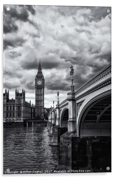 Big Ben and Westminster Bridge, London - B&W Acrylic by Milton Cogheil