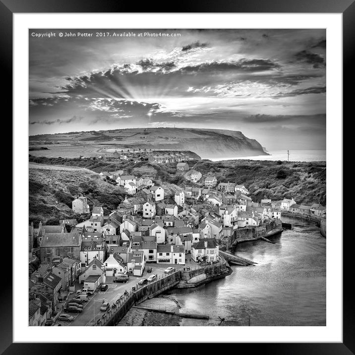 Staithes Mono Sunset Framed Mounted Print by John Potter