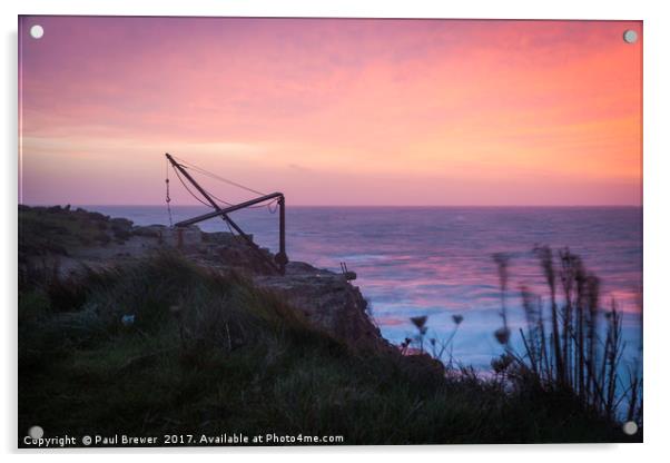 Portland Bill Crane Sunrise Acrylic by Paul Brewer