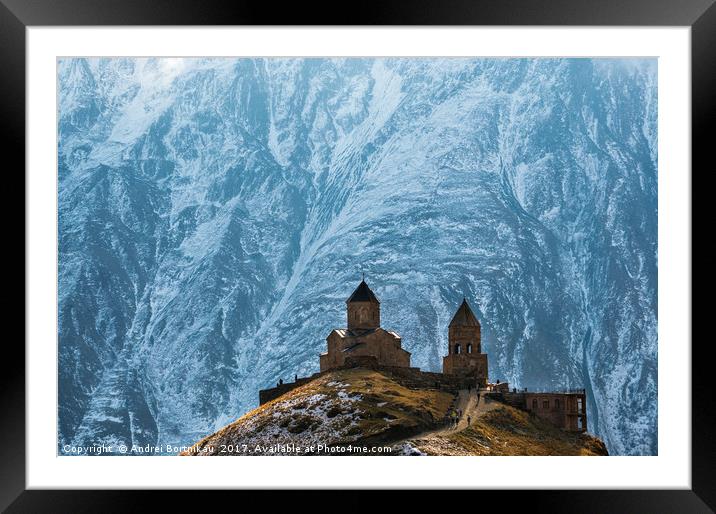 Caucasus mountains, Gergeti Trinity church, Georgi Framed Mounted Print by Andrei Bortnikau