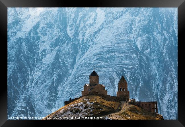 Caucasus mountains, Gergeti Trinity church, Georgi Framed Print by Andrei Bortnikau