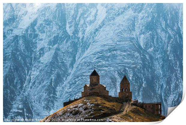 Caucasus mountains, Gergeti Trinity church, Georgi Print by Andrei Bortnikau