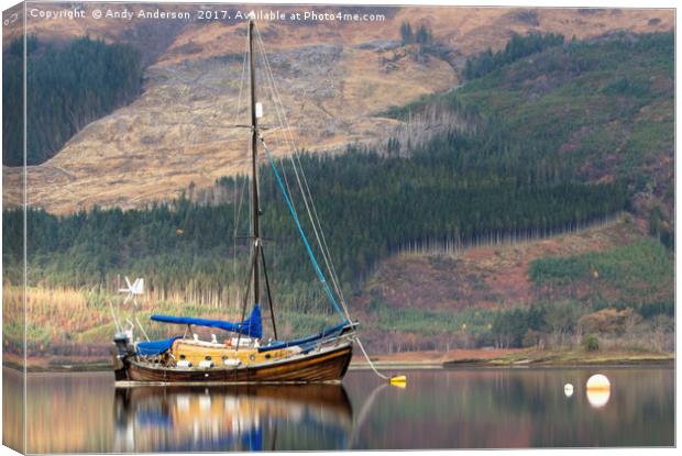 Wooden Yacht Moored By Glencoe Canvas Print by Andy Anderson