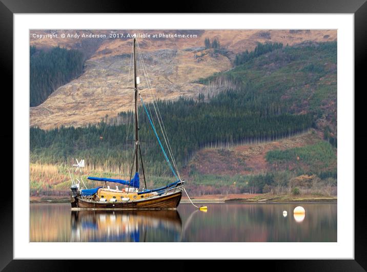 Wooden Yacht Moored By Glencoe Framed Mounted Print by Andy Anderson
