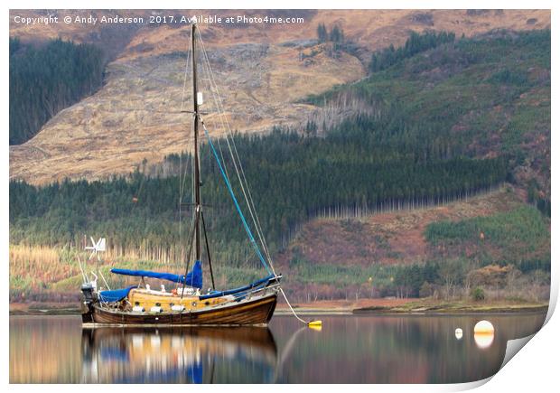 Wooden Yacht Moored By Glencoe Print by Andy Anderson