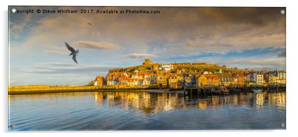 Sun Setting on Whitby Harbour. Acrylic by Steve Whitham