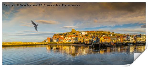Sun Setting on Whitby Harbour. Print by Steve Whitham