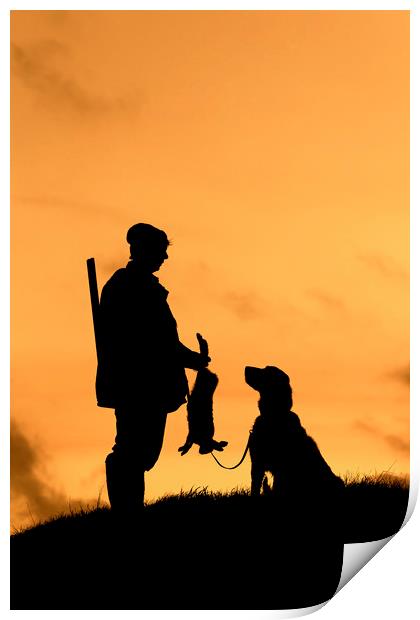 Hunter with Dog at Sunset Print by Arterra 