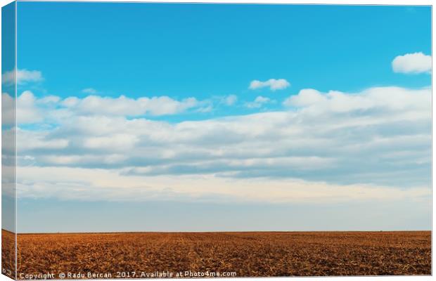 Cloudy Sky Over Harvested Land In Autumn Canvas Print by Radu Bercan