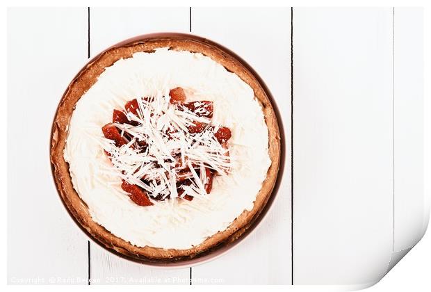Homemade Strawberry Cheesecake On White Table Print by Radu Bercan