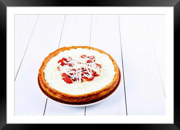Homemade Strawberry Cheesecake On White Table Framed Mounted Print by Radu Bercan