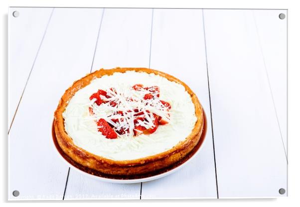 Homemade Strawberry Cheesecake On White Table Acrylic by Radu Bercan