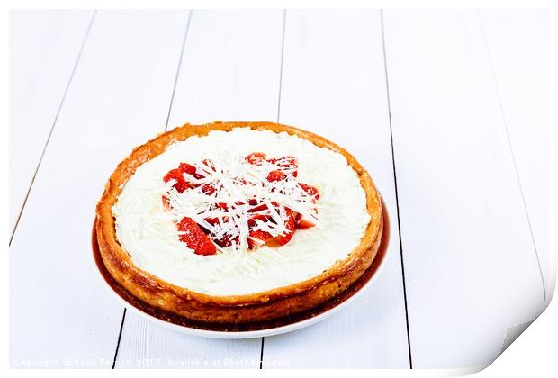Homemade Strawberry Cheesecake On White Table Print by Radu Bercan