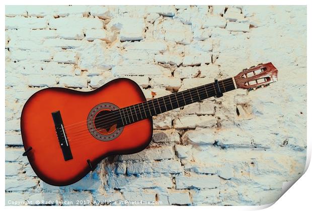 Common Guitar On White Brick Wall Print by Radu Bercan