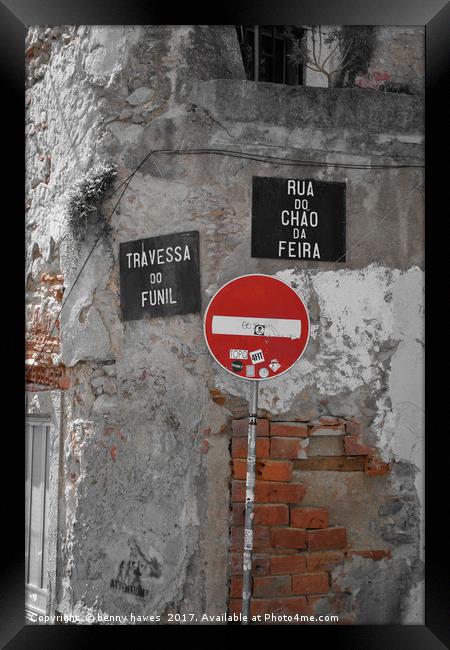 Street Signs in Lisbon Framed Print by benny hawes