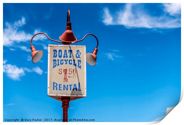 Boat and bikes for rent Print by Gary Parker