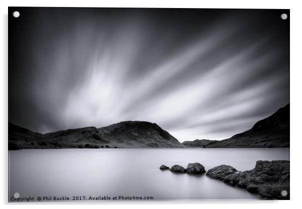 Crummock Water Black and White Acrylic by Phil Buckle