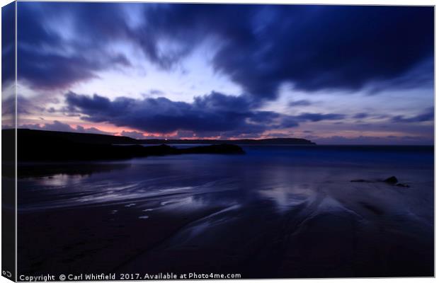 Dusk at Trevone Bay in Cornwall, England. Canvas Print by Carl Whitfield