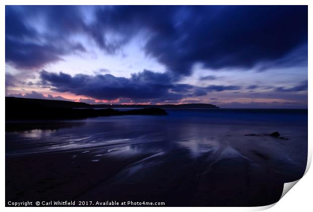 Dusk at Trevone Bay in Cornwall, England. Print by Carl Whitfield