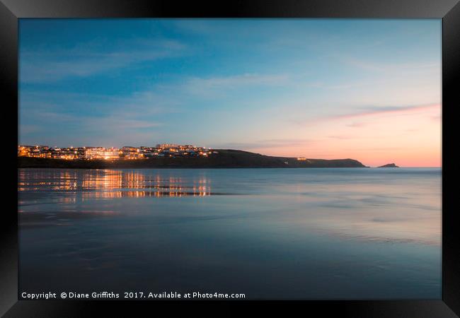 Fistral Beach and Pentire Headland Sunset Framed Print by Diane Griffiths