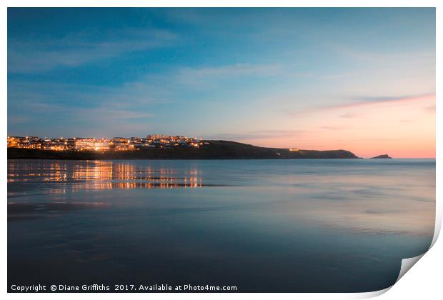 Fistral Beach and Pentire Headland Sunset Print by Diane Griffiths