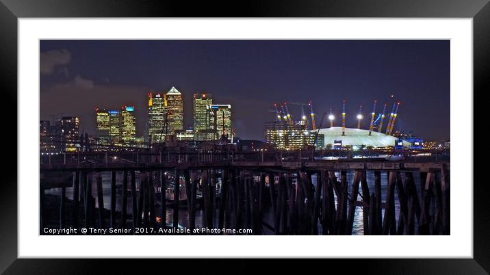 Canary Wharf & the O2 (Millennium Dome) Thames Pat Framed Mounted Print by Terry Senior