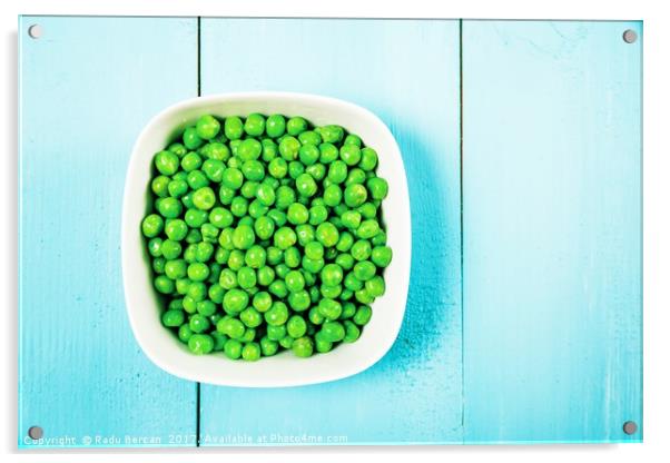 Fresh Green Peas In White Bowl On Turquoise Table Acrylic by Radu Bercan