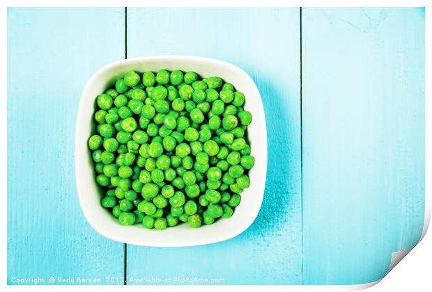 Fresh Green Peas In White Bowl On Turquoise Table Print by Radu Bercan