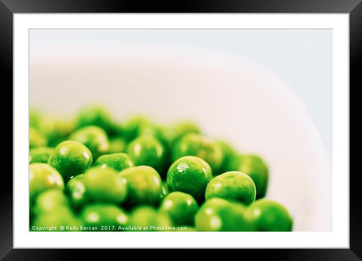 Fresh Green Peas In White Bowl On Turquoise Table Framed Mounted Print by Radu Bercan