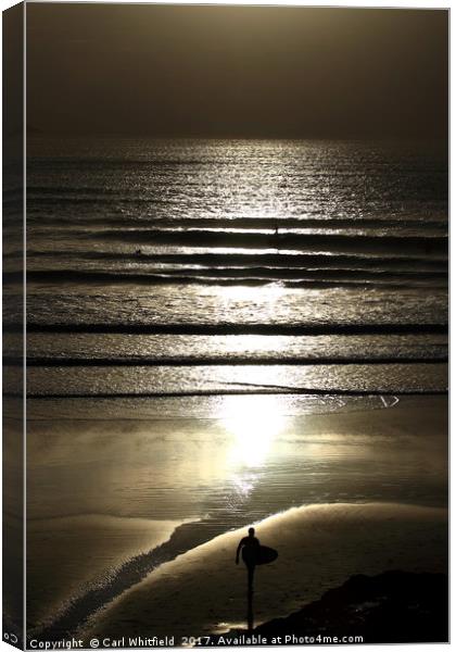 Sunset Surfer at Polzeath. Canvas Print by Carl Whitfield
