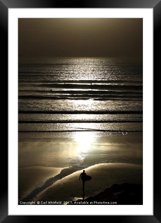 Sunset Surfer at Polzeath. Framed Mounted Print by Carl Whitfield