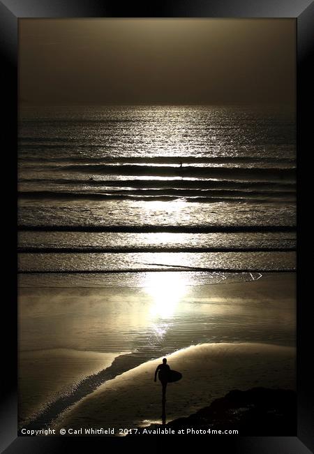 Sunset Surfer at Polzeath. Framed Print by Carl Whitfield