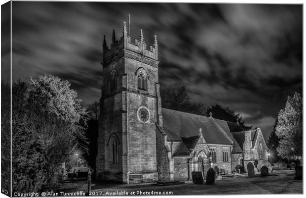 Village church at night Canvas Print by Alan Tunnicliffe