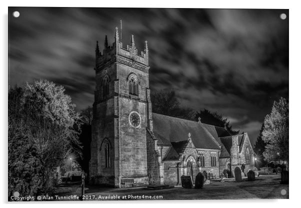 Village church at night Acrylic by Alan Tunnicliffe