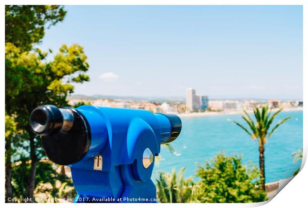 Blue Coin Operated Telescope Of Panoramic Tropical Print by Radu Bercan