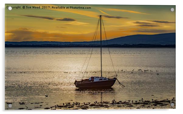 Port Carlisle sunrise, sail boat at anchor. Acrylic by Sue Wood