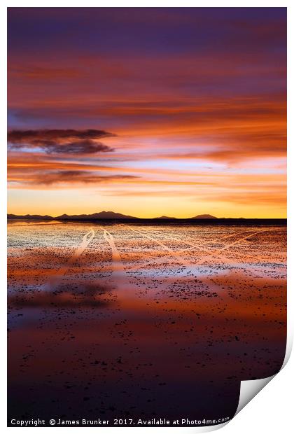 Sunset Journeys on the Salar de Uyuni Bolivia Vert Print by James Brunker