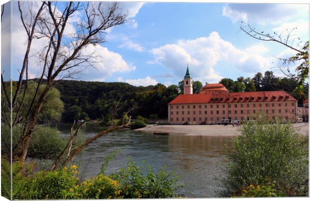 Abbey Weltenburg And Danube River Canvas Print by Christiane Schulze