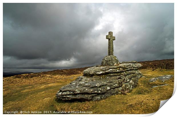 Memorial Cross at Babeny Dartmoor Print by Nick Jenkins