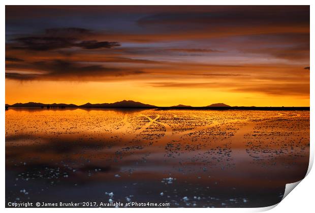Golden Sunset on the Salar de Uyuni Bolivia Print by James Brunker