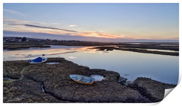 Sunset over the marsh and Brancaster Staithe  Print by Gary Pearson