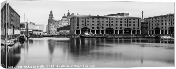 Albert Dock panorama (monochrome) Canvas Print by Jason Wells