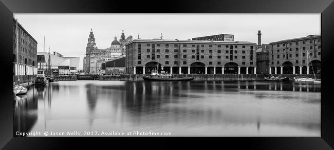 Albert Dock panorama (monochrome) Framed Print by Jason Wells